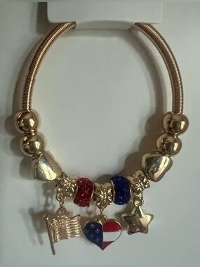 Gold-Tone Patriotic Charm Necklace with Red & Blue Accents